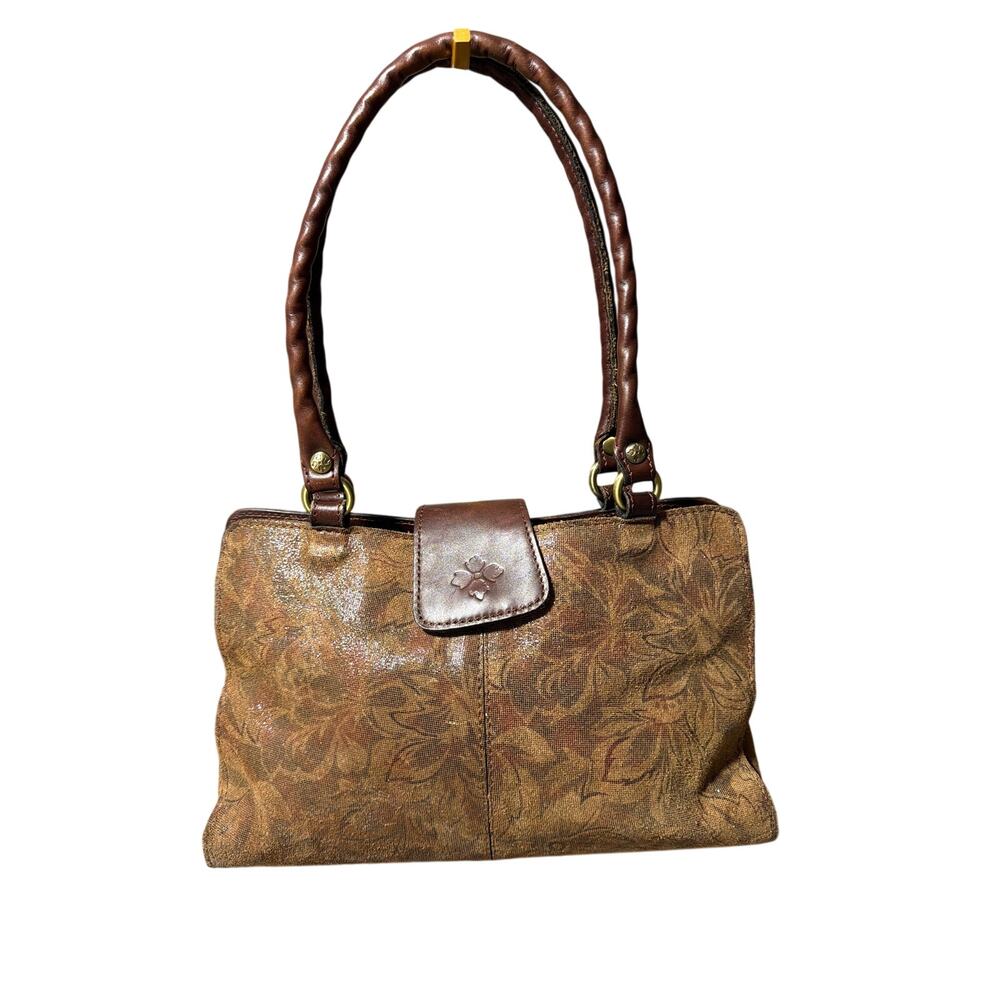 Polices Brown Floral Metallic Shoulder Bag Leather Trim Y2K Boho Purse